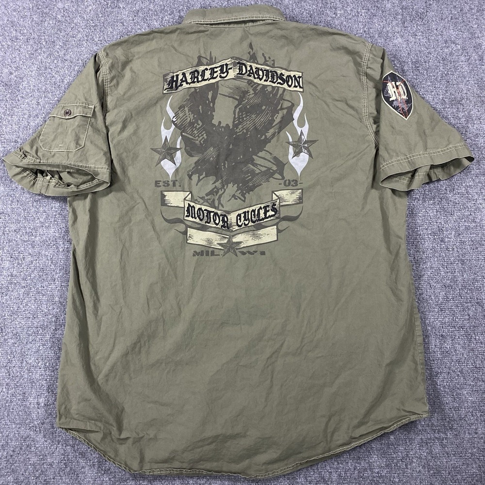 Harley Davidson Shirt Mens XL Military Green Button Up Embroidered Eagle Patches